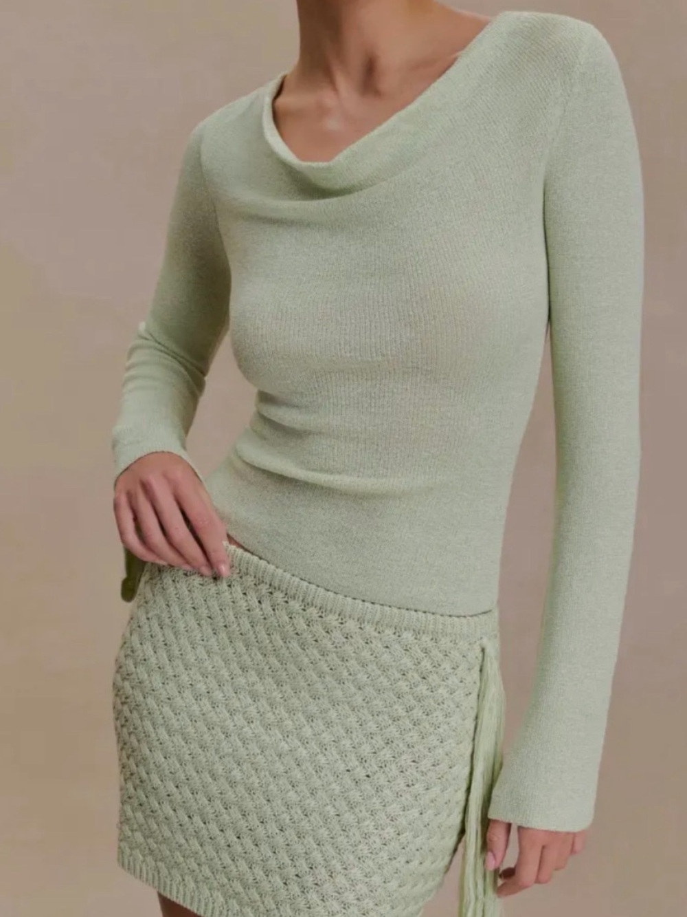 Elowen Knit Cowl Long Sleeve Top - Pastel Green